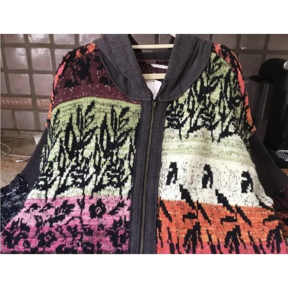 Free People Golden Hour Cardi Jacket Hooded Mixed Knit Piecing Black OrangeGreen - Picture 6 of 7